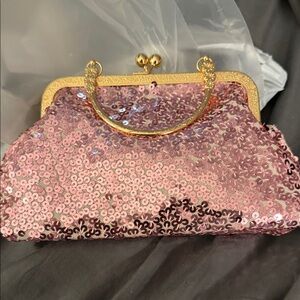 Pink Sequin Clutch with Gold Accents